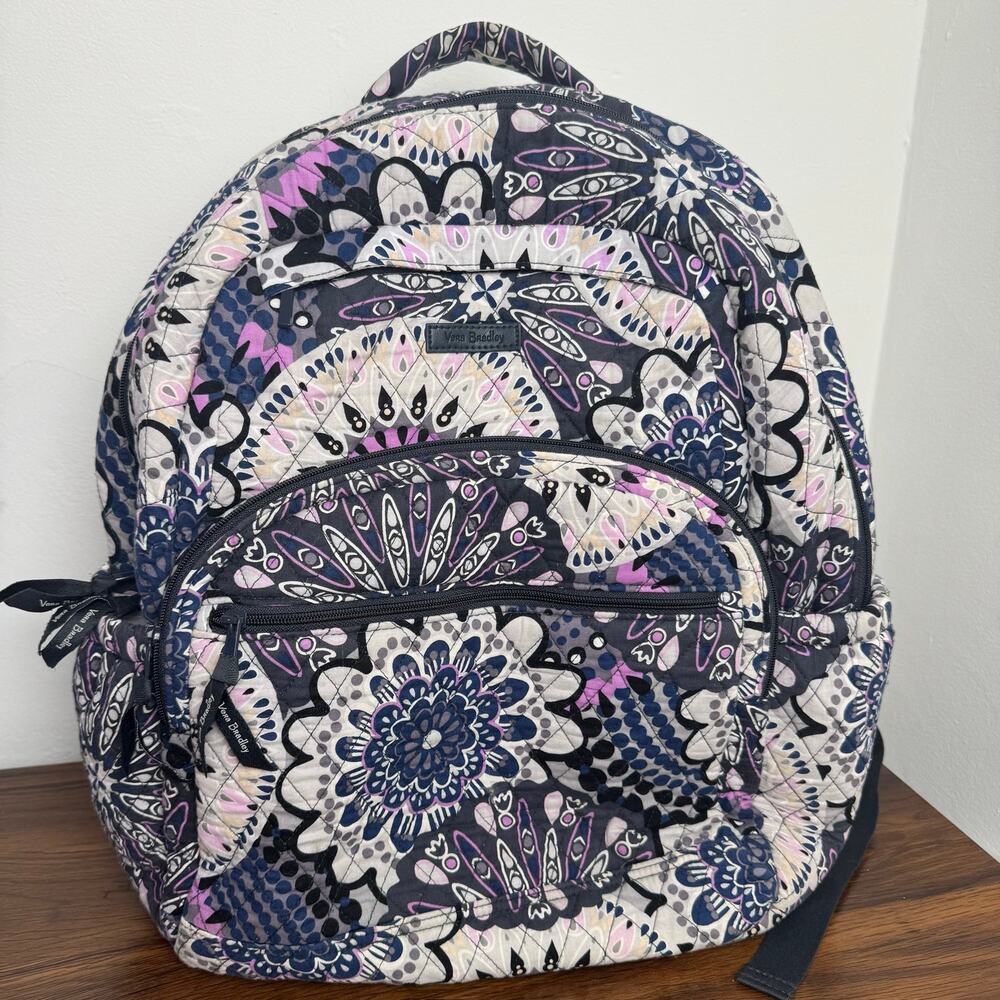Vera Bradley Floral Medallion Quilted Backpack Purple Black Navy Cotton Bag